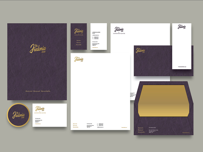 The Fredonia Hotel stationery system in gold on deep purple