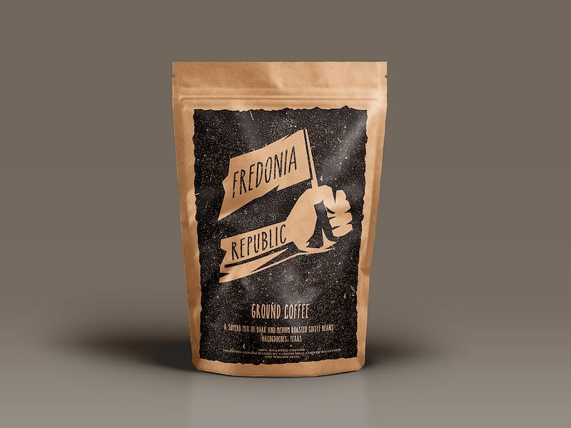 Fredonia Republic ground coffee bag with a raised-fist flag mark