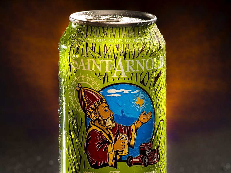Saint Arnold beer can with the patron saint of brewers illustration