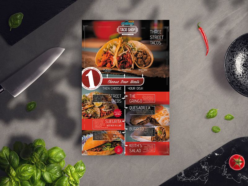 Doc’s Taco Shop menu: choose a meat, then a dish
